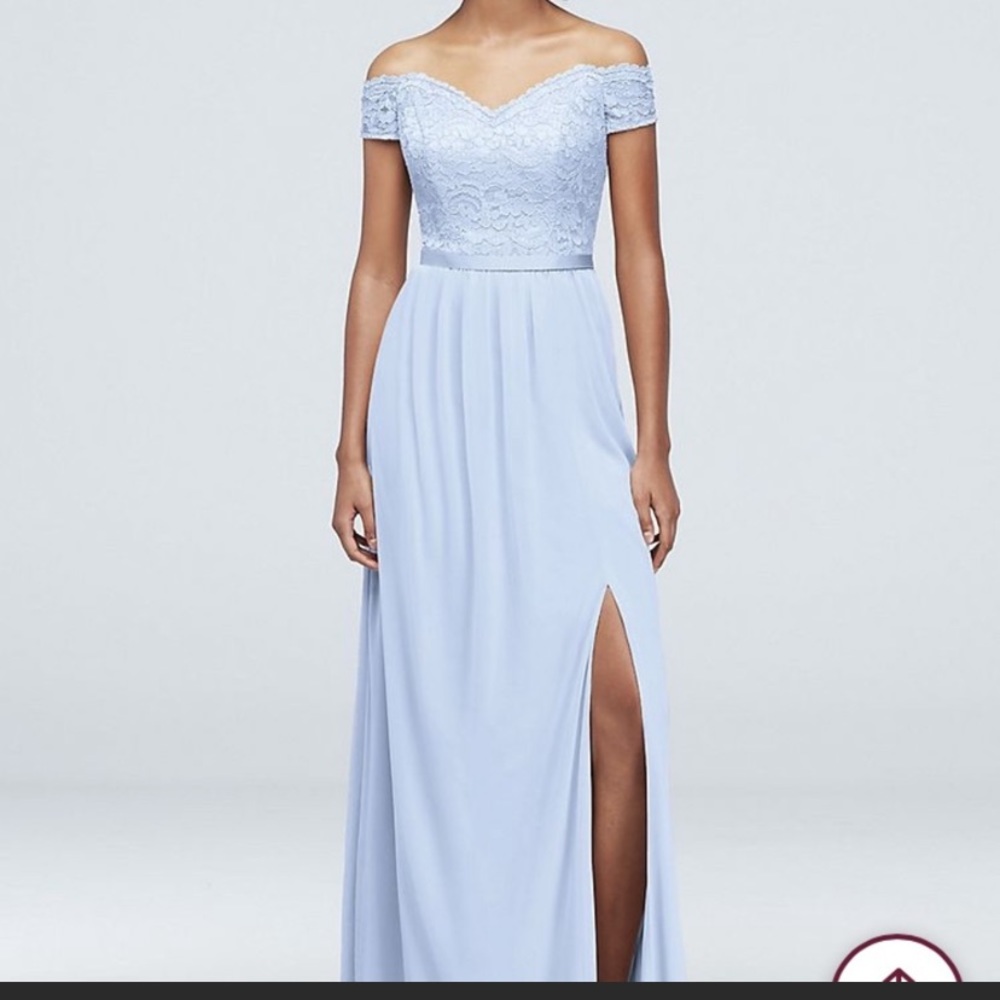 David’s bridal “ice blue” over the shoulder bridesmaids dress